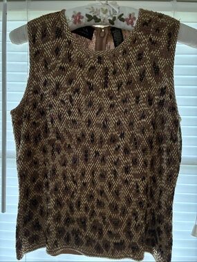 Dana Buchman Sleeveless Leopard Print Top in Gold and Black Bugle Beads